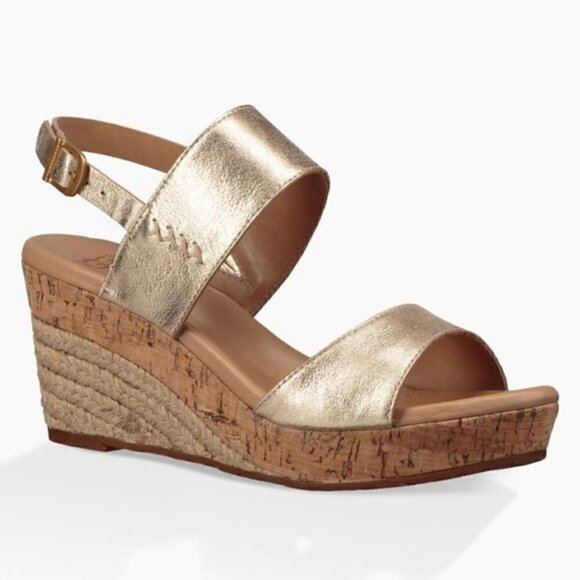 Ugg Elena Gold Leather Metallic Wedge Sandals Size 10 EU 41 - Picture 1 of 11